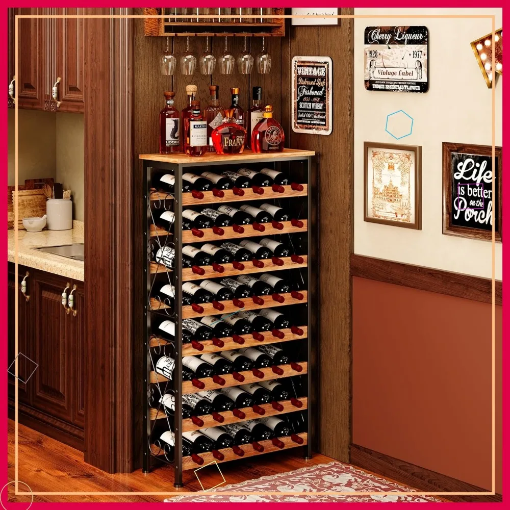 

8-Tier Wood Top Wine Rack, Holds 48 Bottles, Freestanding Floor Storage for Kitchen Bar Display