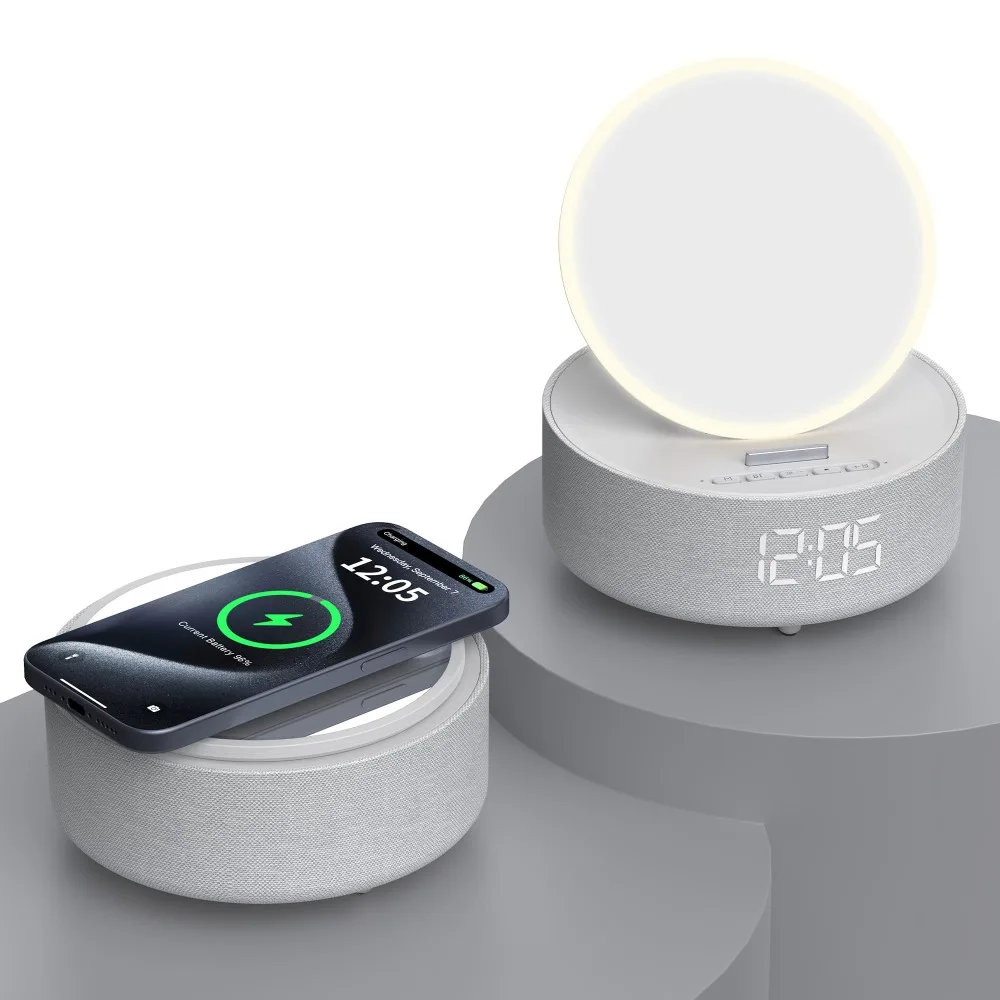 4-in-1 15W wireless charger alarm clock LED night light Bluetooth speaker with makeup mirror suitable for iPhone XiaoMi charger