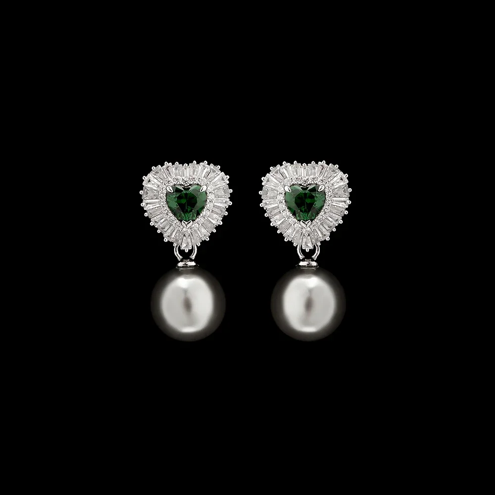 

AB/925 Sterling silver heart-shaped Zircon design with artificial grey pearls elegant female banquet wedding earrings.