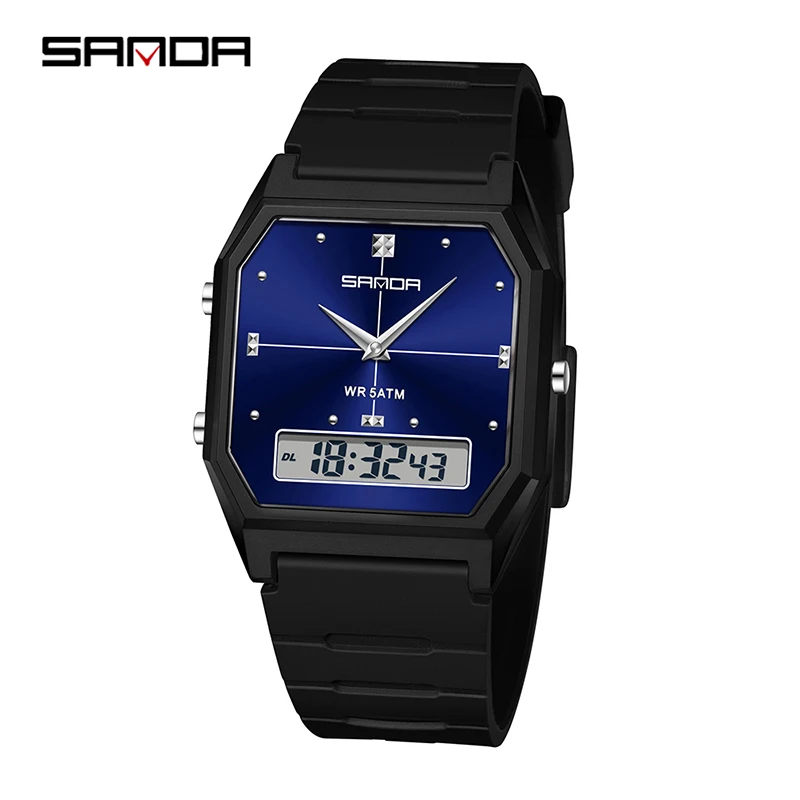 SANDA 6317 New Fashion Student Electronic Watch Dual Display Waterproof Running Time Calendar Leisure Digital Watch reloj hombre