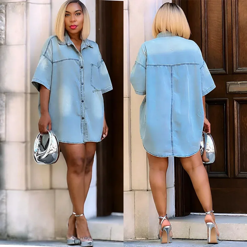 

Women's Denim Shirt Europe and The United States Women's Summer Street Casual Loose Short Sleeve Cardigan Top Shirts