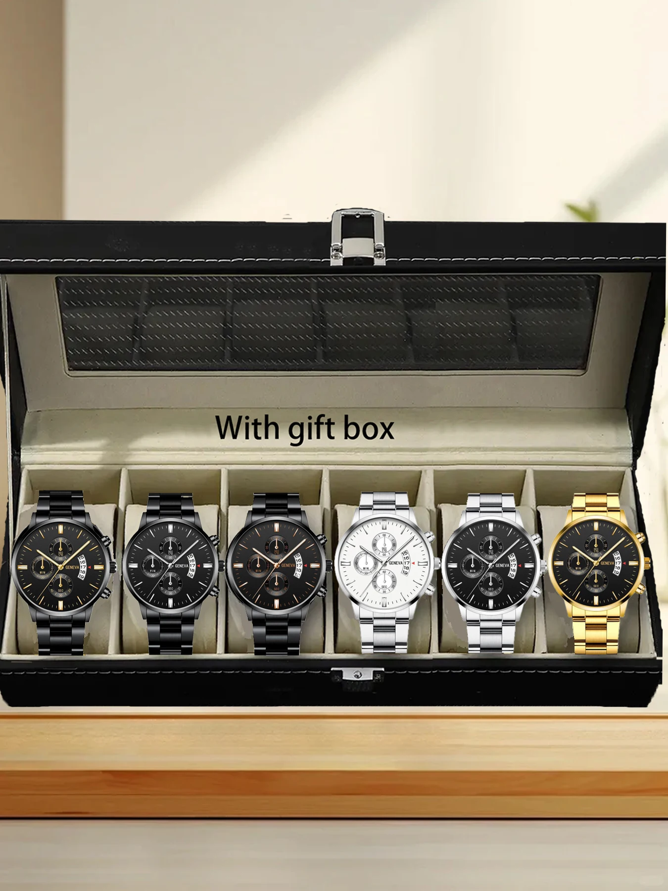 

6pcs watch box wooden packaging box high-end PU window watch gift box+6-piece watch set watches for men