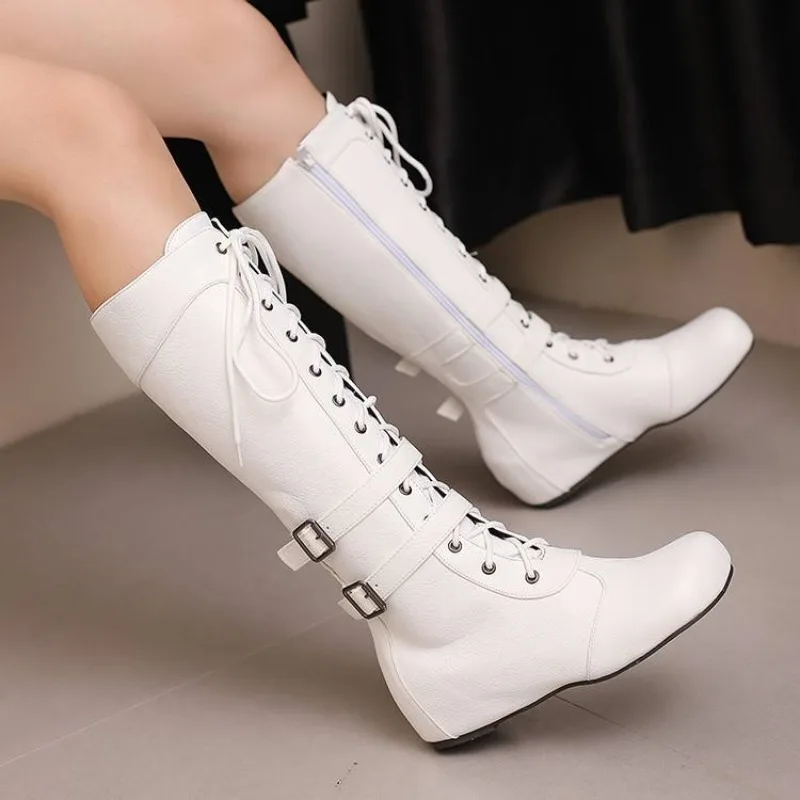 

Winter Autumn New Style Fashion Round Head Crisscross Straps Metal Decoration Roman Style Height Increase Women's Boots High 4cm