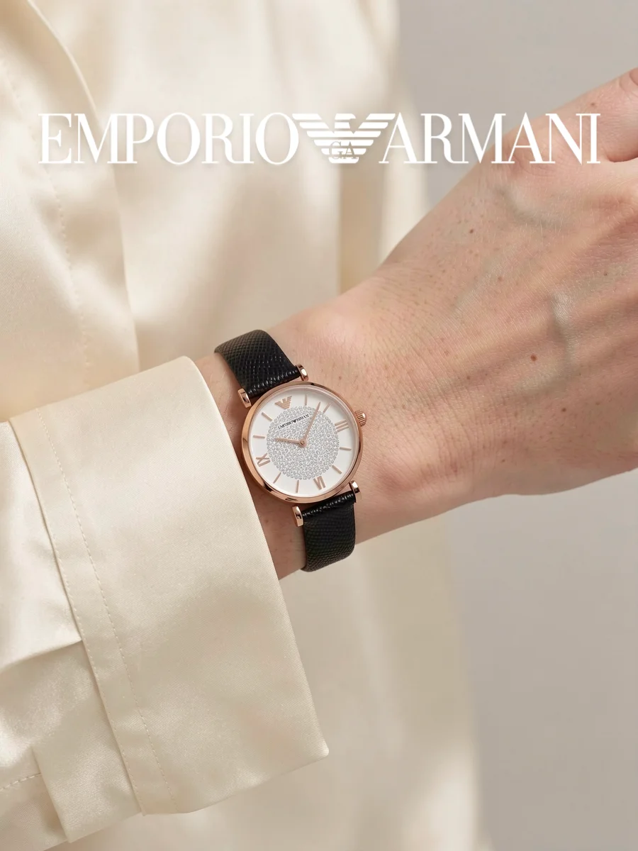 Armani AR11387 Ladies Wristwatch Roman Numeral Crystal Dial Black Grain Leather Quartz Dating Anniversary Gift