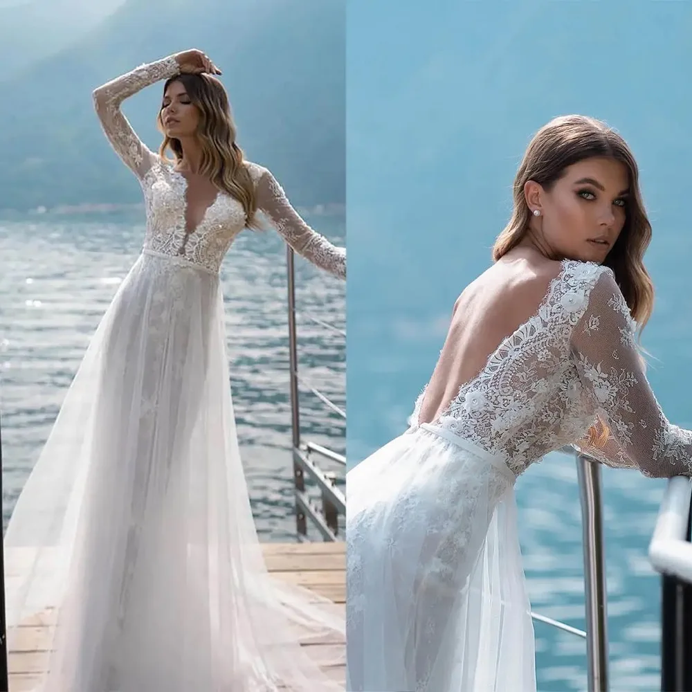 

Customized A Line Beach Wedding Dresses V-Neck Appliques Lace Backless Sheer Bridal Gown Sweep Train Vestidos De Novia
