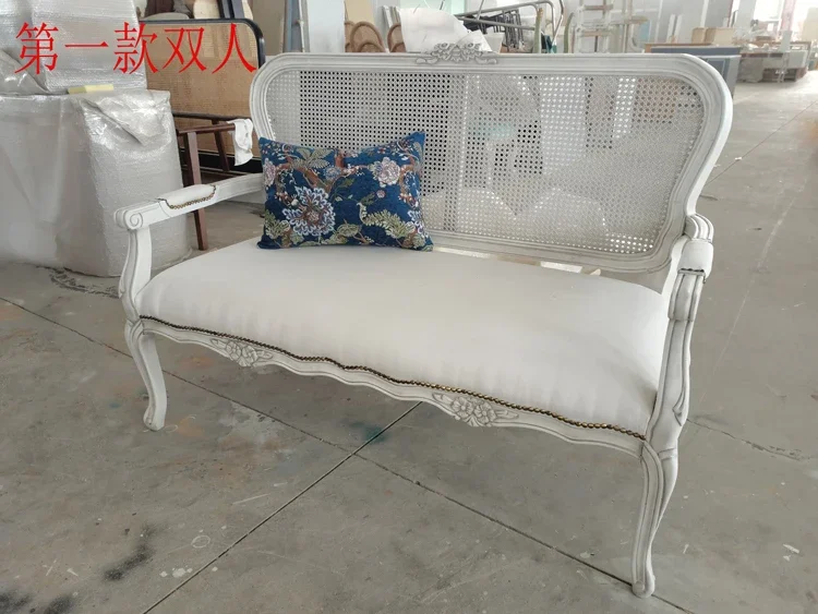 French Style White Retro Solid Wood Sofa American Country European Style Rattan Balcony Studio Couch