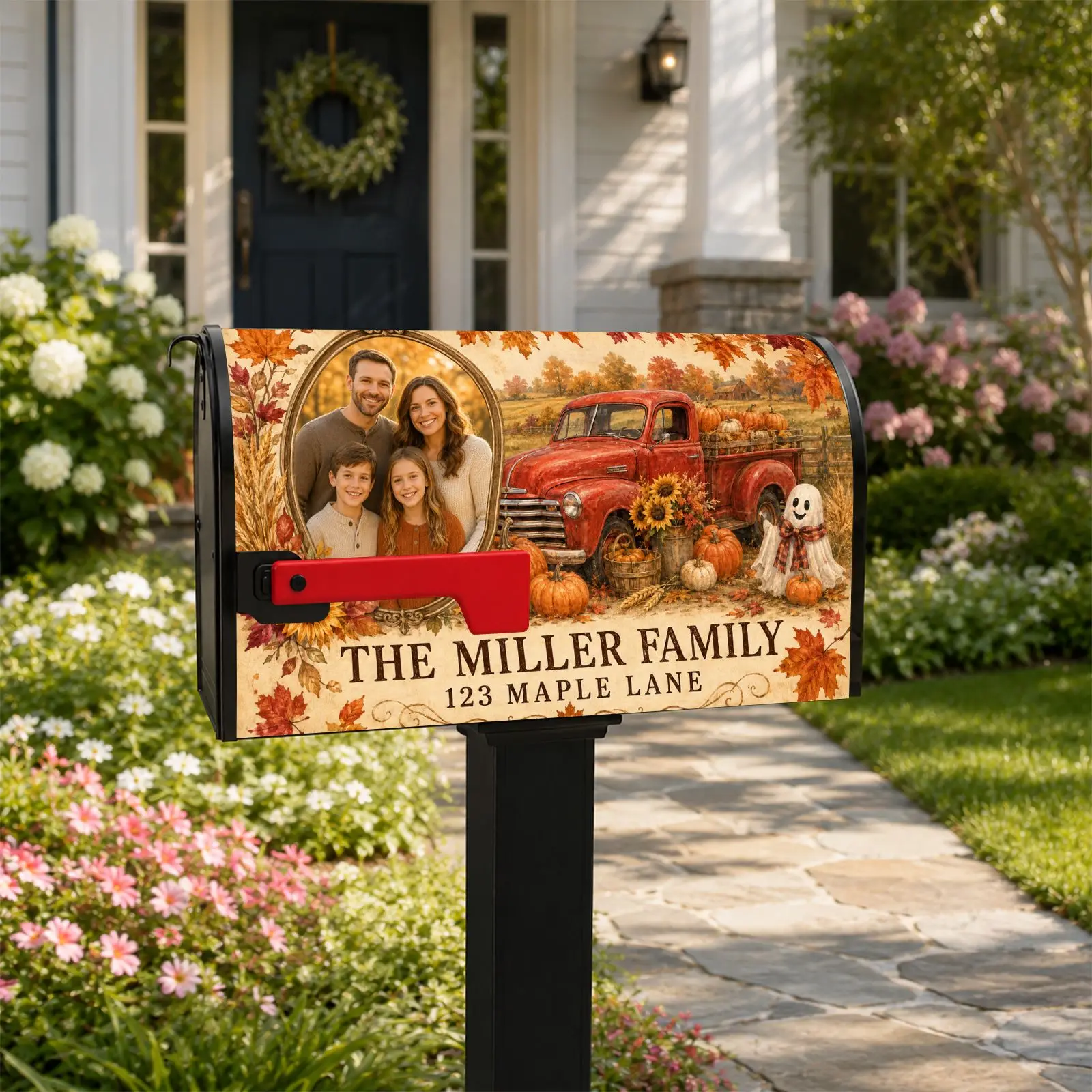 Custom Photo Magnetic Mailbox Cover Fall Pumpkin Autumn Leaf Personalized Address Mailbox Wraps for Standard Curved Mailbox