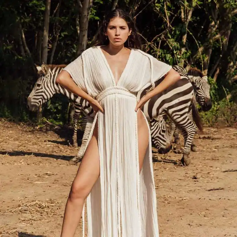 섹시한 브이넥 비치 스커트 여성 여름 휴가용 루즈핏 드레스 여성스럽고 우아한 다용도 봄 가을 겨울용