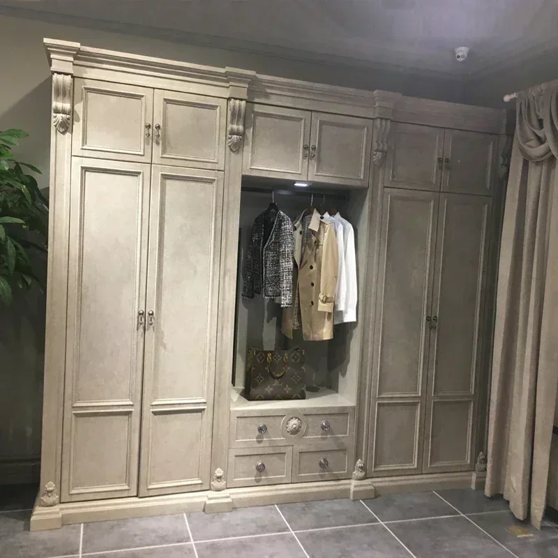 Revival American solid wood wardrobe French retro vintage vintage vintage bedroom 4/6 door storage corner wardrobe