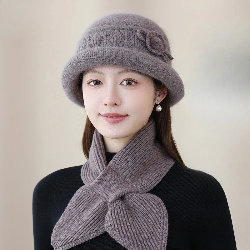 Middle-aged and Elderly Knitted Hat Female Rabbit Fur Blended Velvet Thickened Warm Mother Hat Versatile Windproof Basin Hat