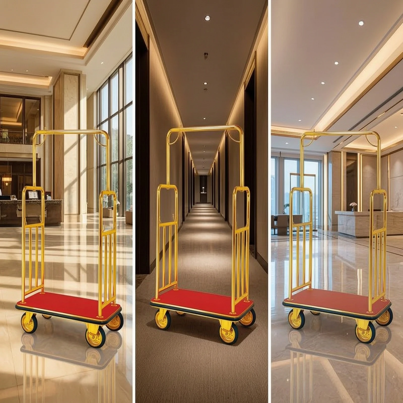 Hotel Luggage Cart Gold-Toned Bellman Cart Luggage Trolley Swivel Carrier Rust Resistant for Hotels, Lobby, Reception Areas
