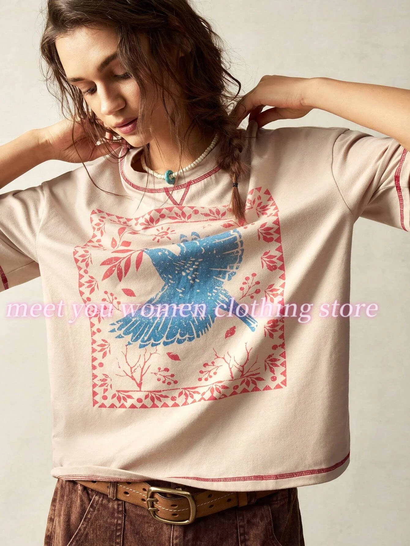 Pigeon  leaves Pattern Woman T Shirt Girl Oversize Daily Top Female Creativity Streettshirt O-Neck T-Shirt Casual Clothes