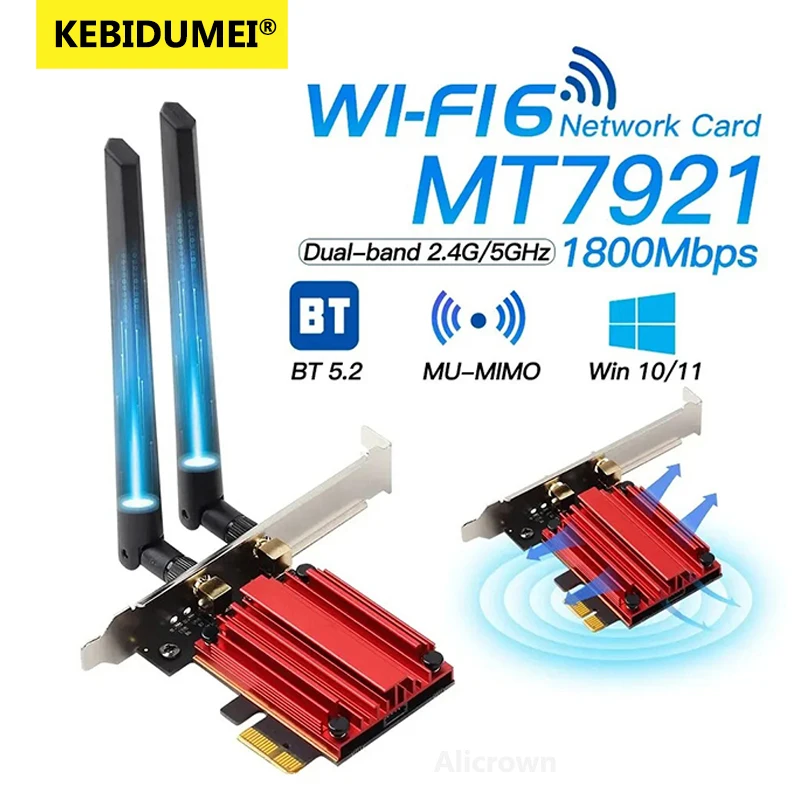 

Адаптер Wi-Fi 6 1800 Мбит/с Беспроводной адаптер PCI Express BT 5.2 Двухдиапазонный 802.11AX/AC MT7921 Сетевая карта Wi-Fi Windows 10/11