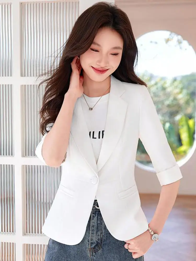 

Spring Summer Black White V Neck Seven Quarter Sleeved Blazers Jacket Women Blue Red Slim Button Versatile Commuter Short Coat