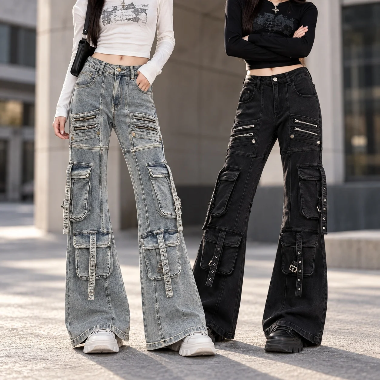 Washed Finish Jeans Pocket Long Pants Sweet with Non Stretch Thin Mid Waist Zipper Pockets Full Length Flared Jeans for Women