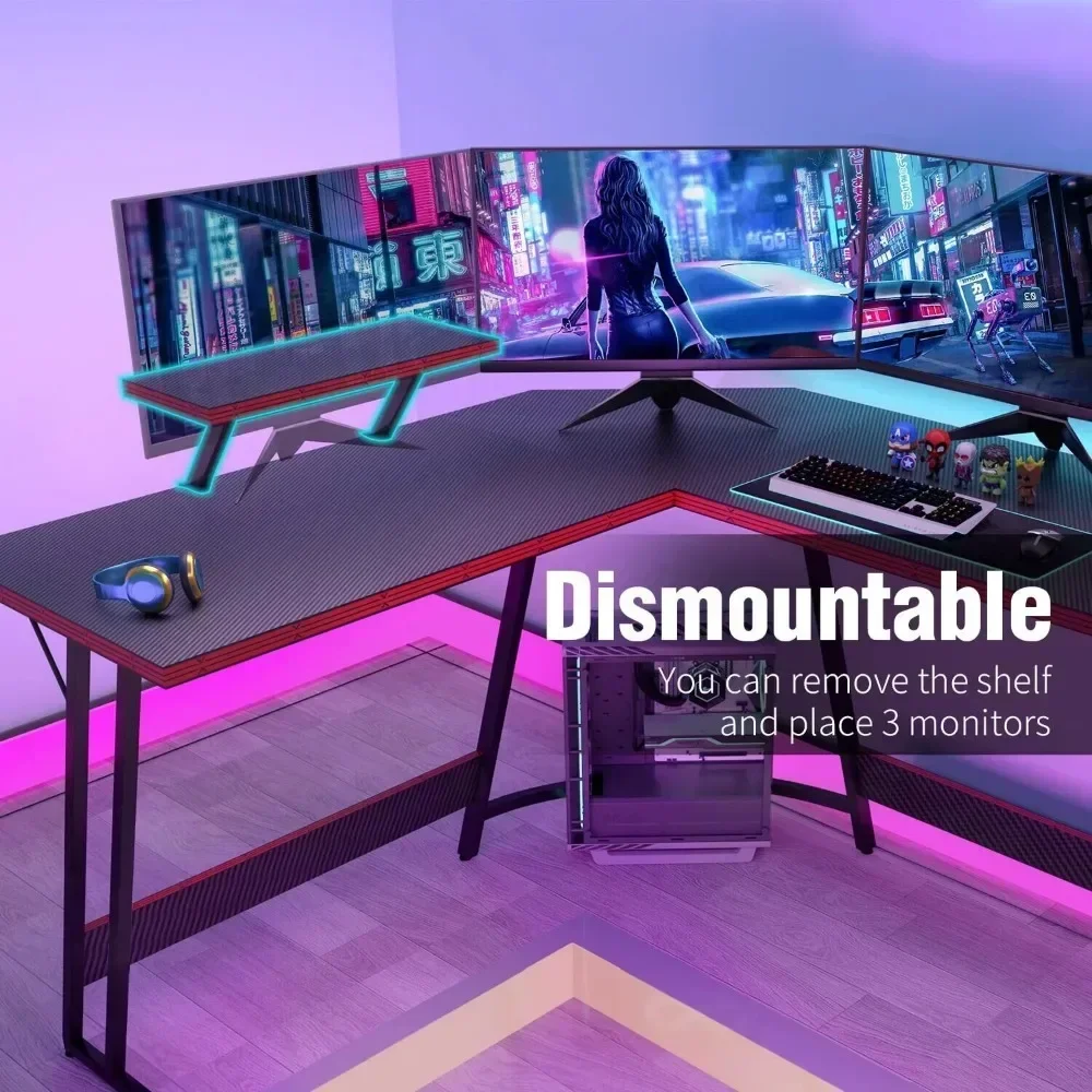 51 Inch L-Shaped Gaming Desk Computer Corner Desk PC Gaming Desk Table with Large Monitor Riser Stand,Black/Pink/Blue/Brown