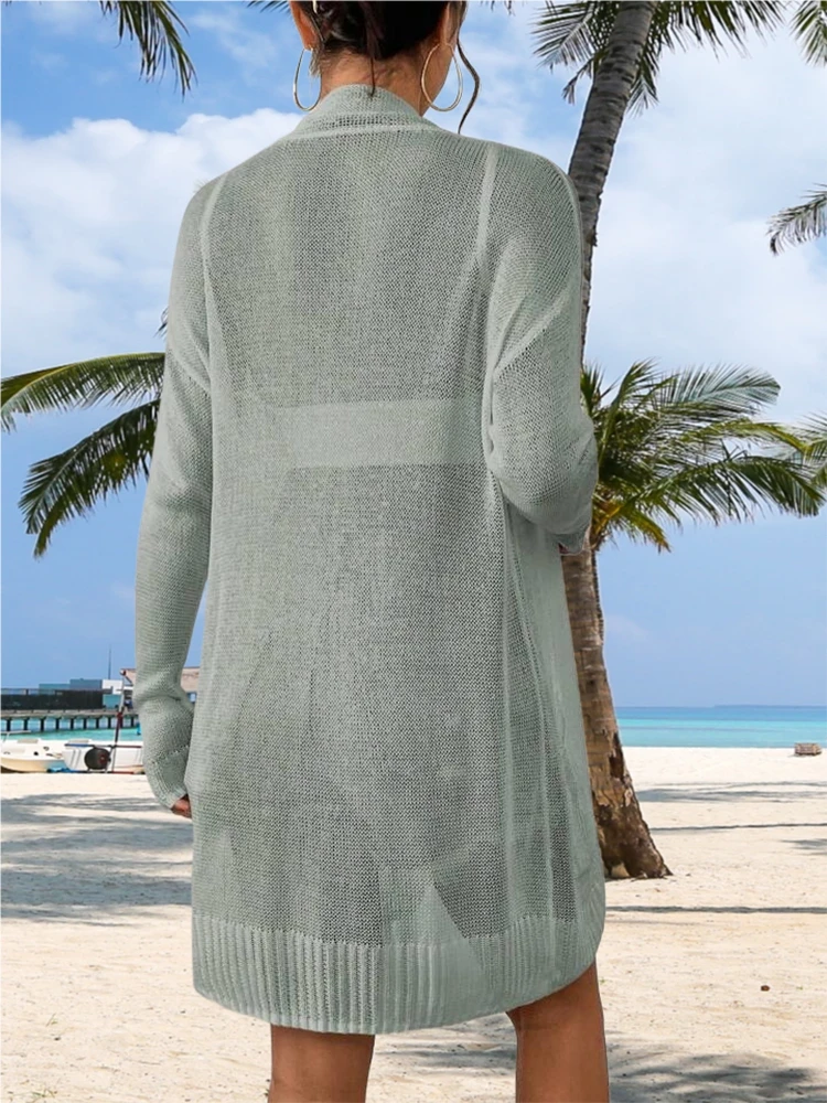 Proteção solar cor sólida malha cardigan solto versátil casual comprimento médio elegante sombra elegante