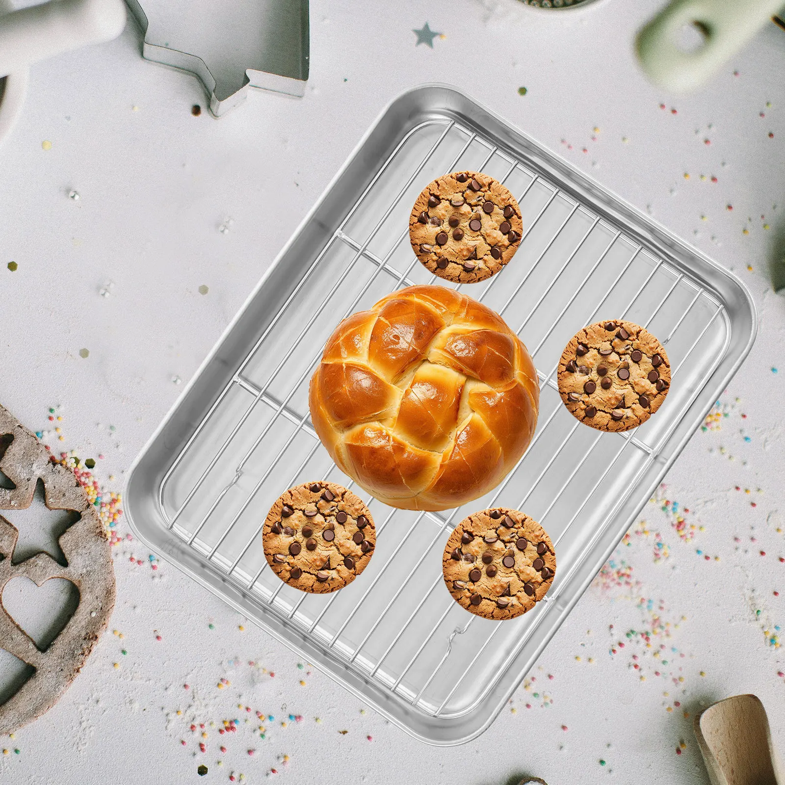 

1 Set Stainless Steel Tray With Cooling Rack Non Stick Surface For Oven Baking Bbq Serving Storage Lightweight Cooking Rack