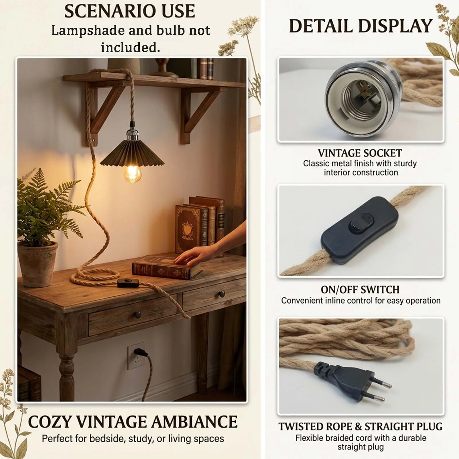 Hanging Lamp Cord, Silver Jute Rope Cable, Silver Socket, Black Rocker Switch, EU Plug, Vintage, Bedroom, Home