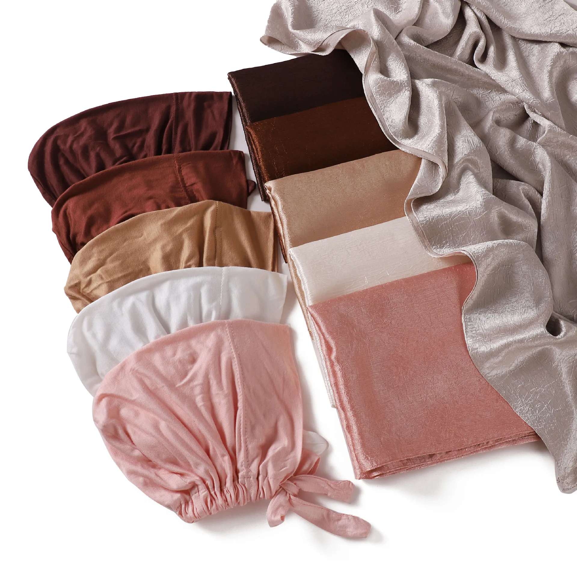 

2 шт., атласный длинный шарф и нижний шарф, мусульманский комплект хиджаба, женские исламские шали, тюрбан, шарфы, банданы, повязка на голову, Bufanda Foulard