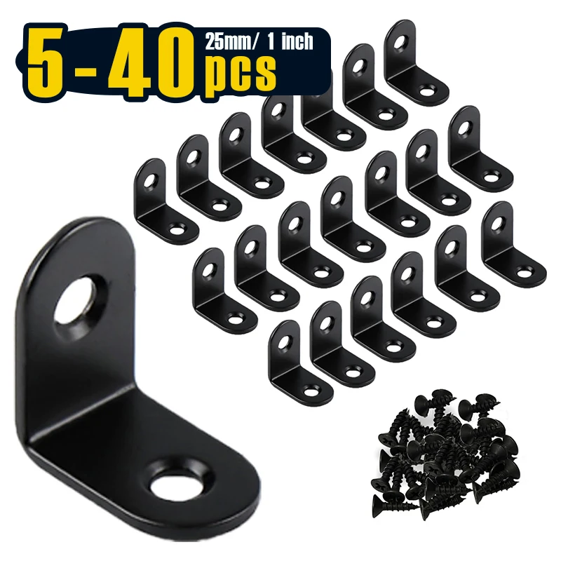 5/ 24/ 40pcs, 1 Inch Stainless Steel Small L Brackets for Wood Shelves(Black) - Right Angle Heavy Duty Corner Braces with Screws
