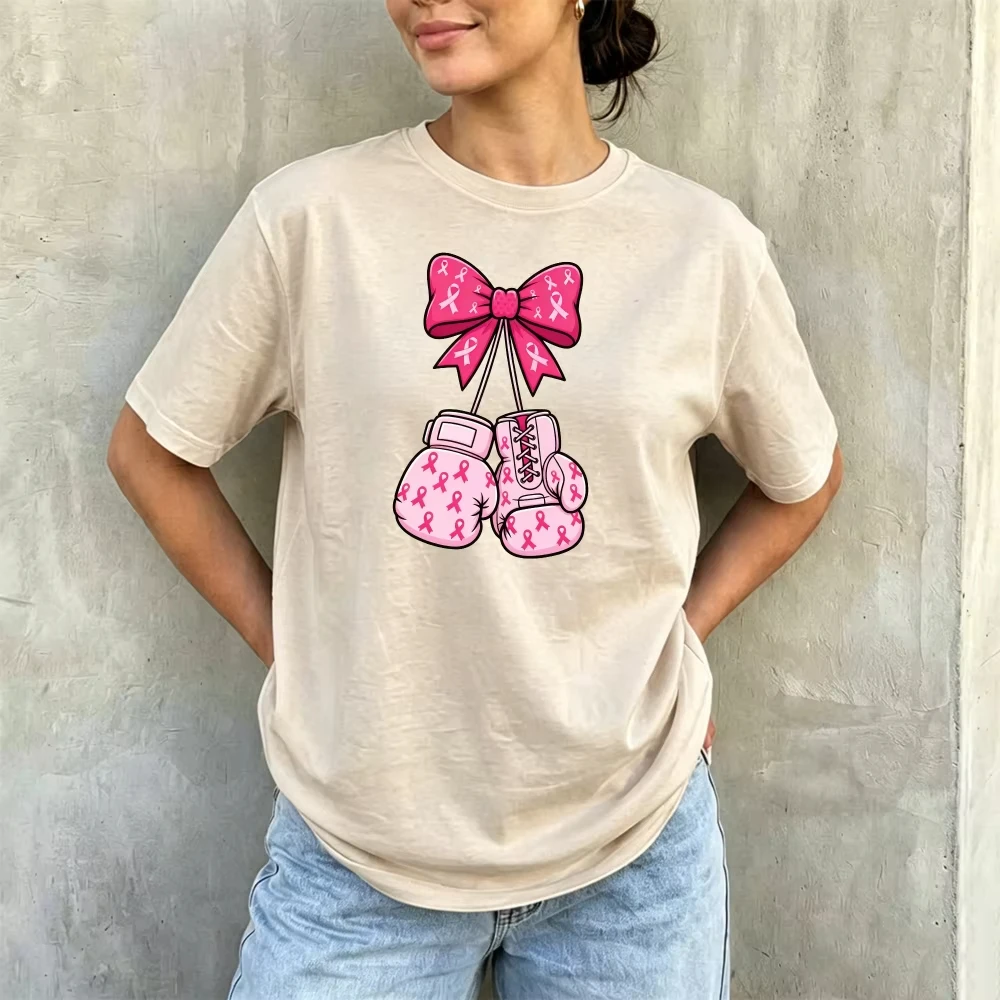 Pink Bow Boxing Glove Breast Cancer Ribbon Women SummT Shirt Awareness Support Girly Graphic Tee Tops