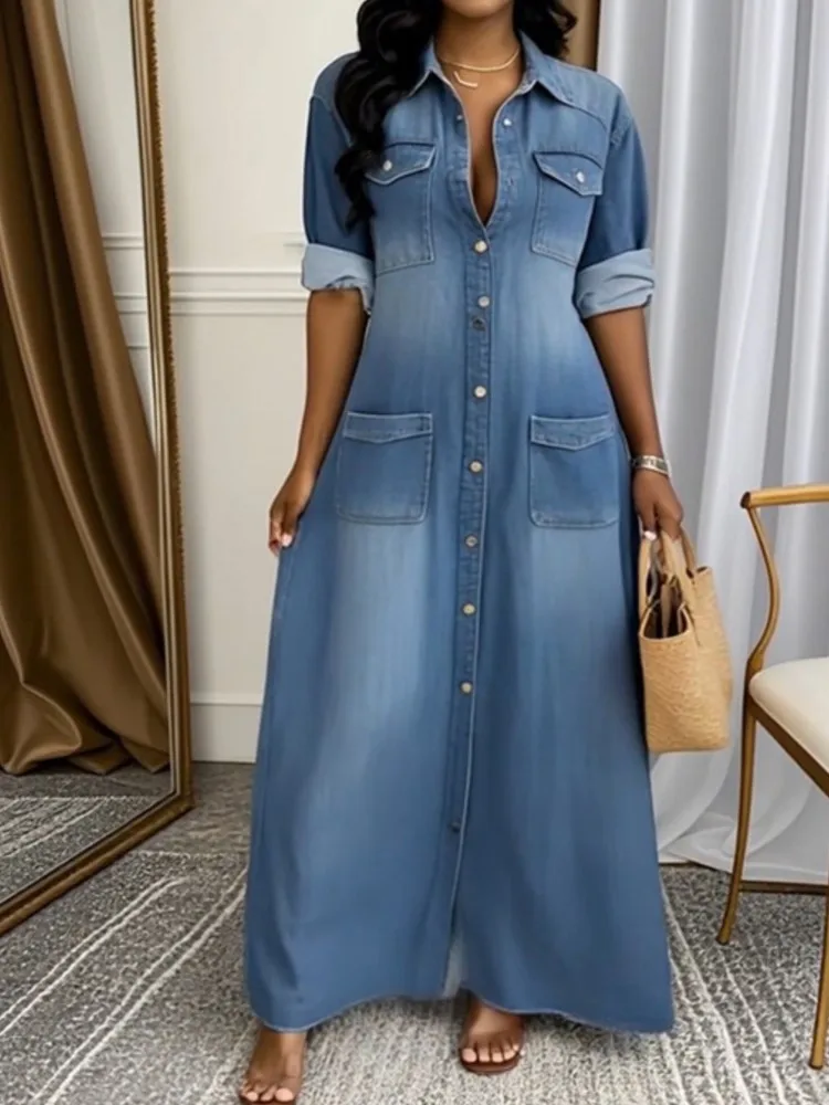 Lady Casual Denim Dress Fashion Long Sleeve Turn-down Collar Button Loose Dresses Robe Femme Office Womens Clothing Spring New