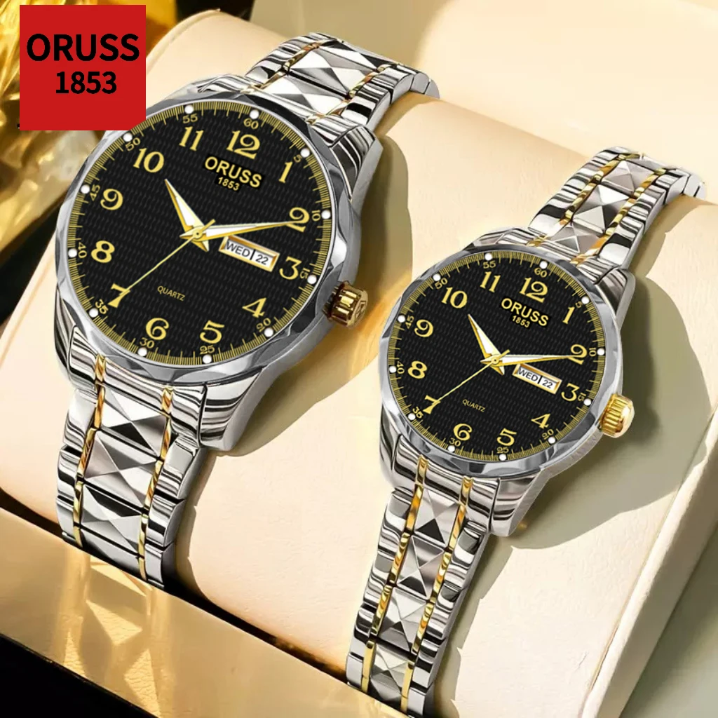 Couple watches, stainless steel strap, waterproof sports style, casual fashion, dial with texture, ORUSS original quartz watch