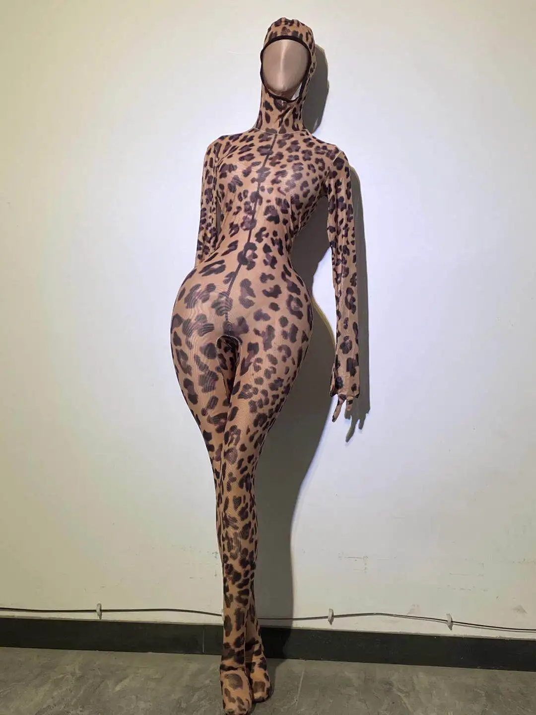 

Long Sleeve Gloves Party Rompers Sexy Nightclub Bodysuit Fashion Stretch Skinny Leopard Women Jumpsuit DJ Singer Dancer Costumes