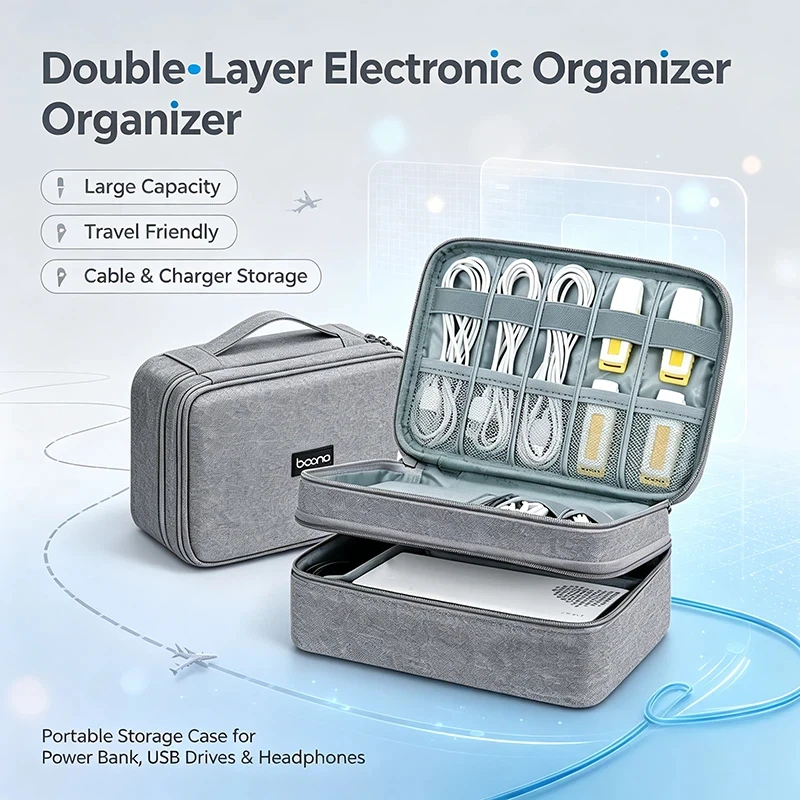 Portable Electronic Organizer Bag, Large Travel Storage Case For Data Cables, Power Bank, Charger, USB Drives & Headphones