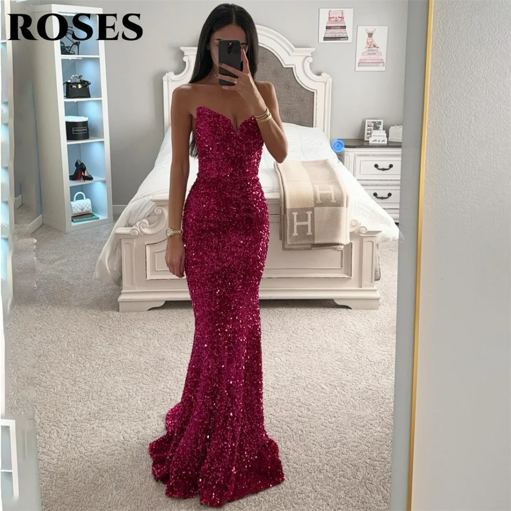 

ROSES Red Evening Dress Sweetheart Sleeveless Mermaid Party Dress with Pleats Vestido De Novia Sexy Sequins Satin Prom Dresses