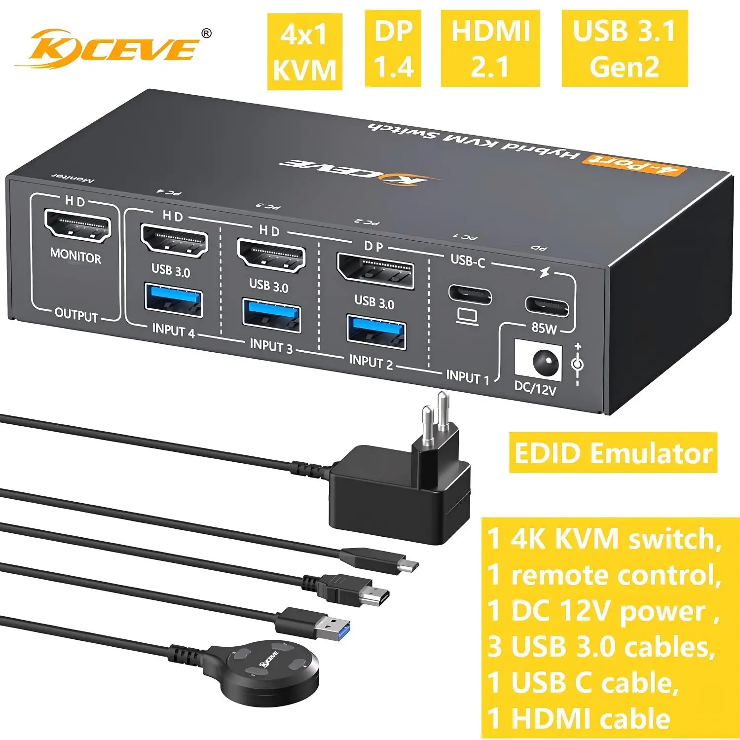 KCEVE 4K/8K KVM Switch 1 Monitors 4 Computers USB-C/HDMI/DP,EDID Emulator USB 3.0 KVM Switch 4 Port for 4PC Share Keyboard Mouse