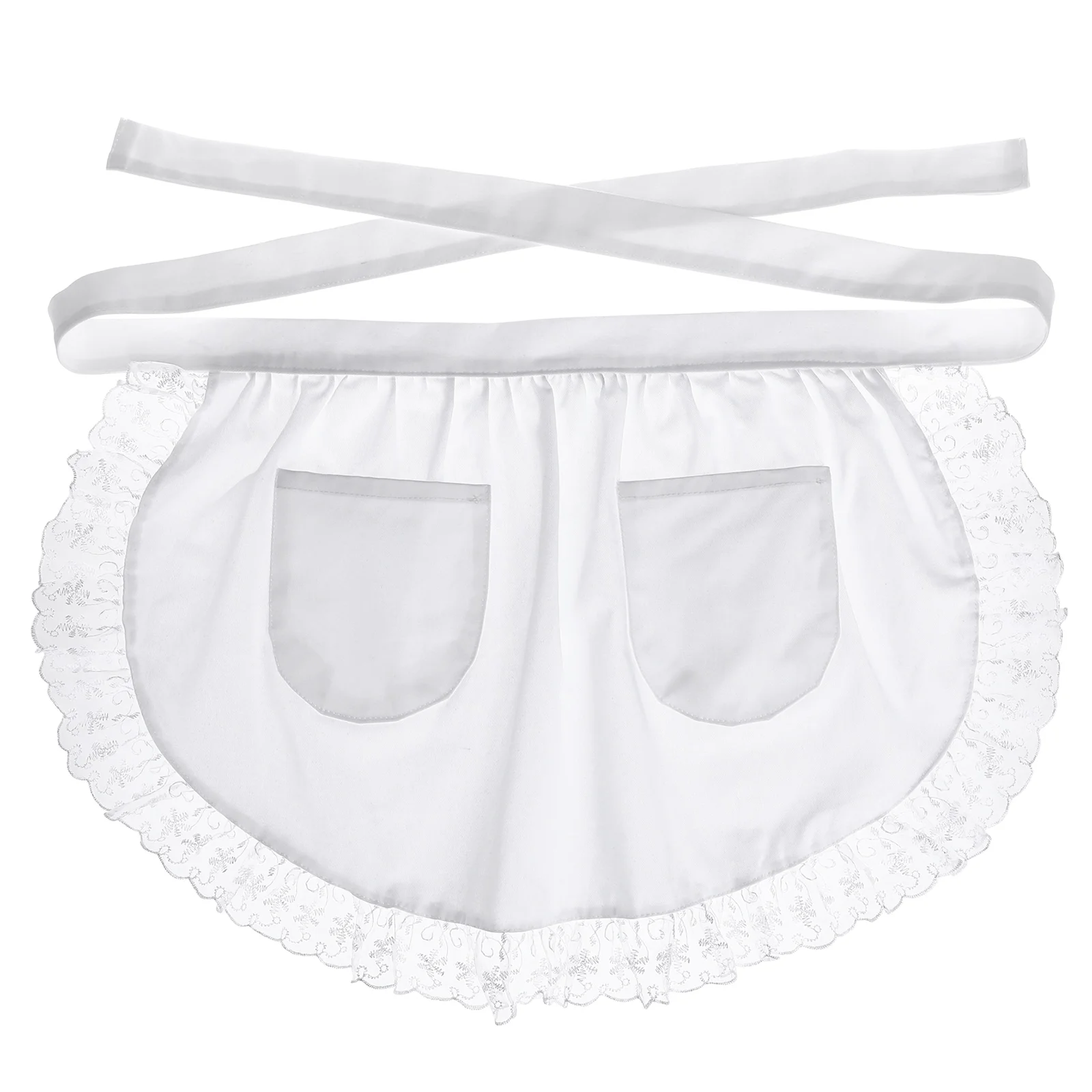 Waist Apron Maid Outfit White Dress Bib Aldult Short Lace with Pockets Cotton Miss Child