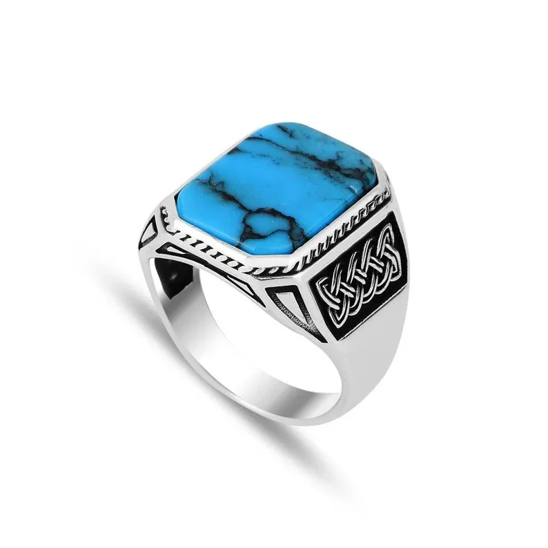 Personalized Vintage Viking Totem Turquoise Men\'s Fashion Accessories Punk Hip Hop Rings