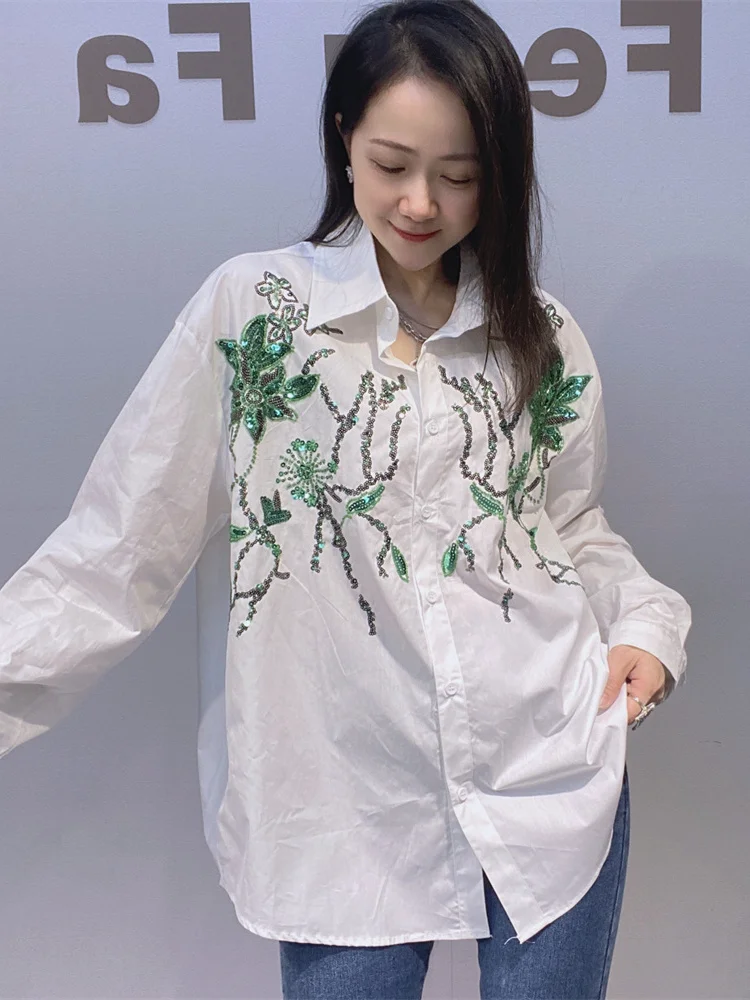 

Ele Large Size Collar Embroidered irt Women's Early Spring Glitter Design Versatile Long Sve Top Casual Sle C...