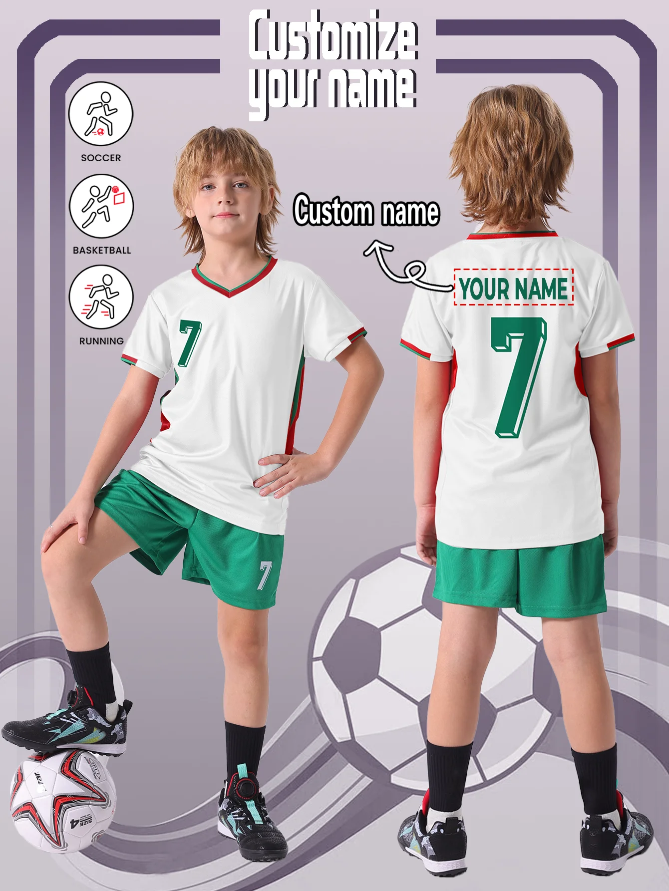 Kids And Teens Lightweight Quick-Dry Soccer Uniform Set for Sports Outdoor Wear Fixed Number 7 Back Name Personaliz