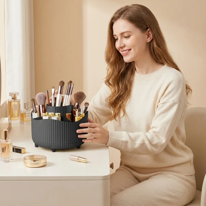 Organizador de Maquillaje Giratorio, Exhibidor de Cosméticos con Soporte para Brochas, Bandeja para Perfumes, Solución de Almacenamiento para el Baño o la Mesa del Tocador