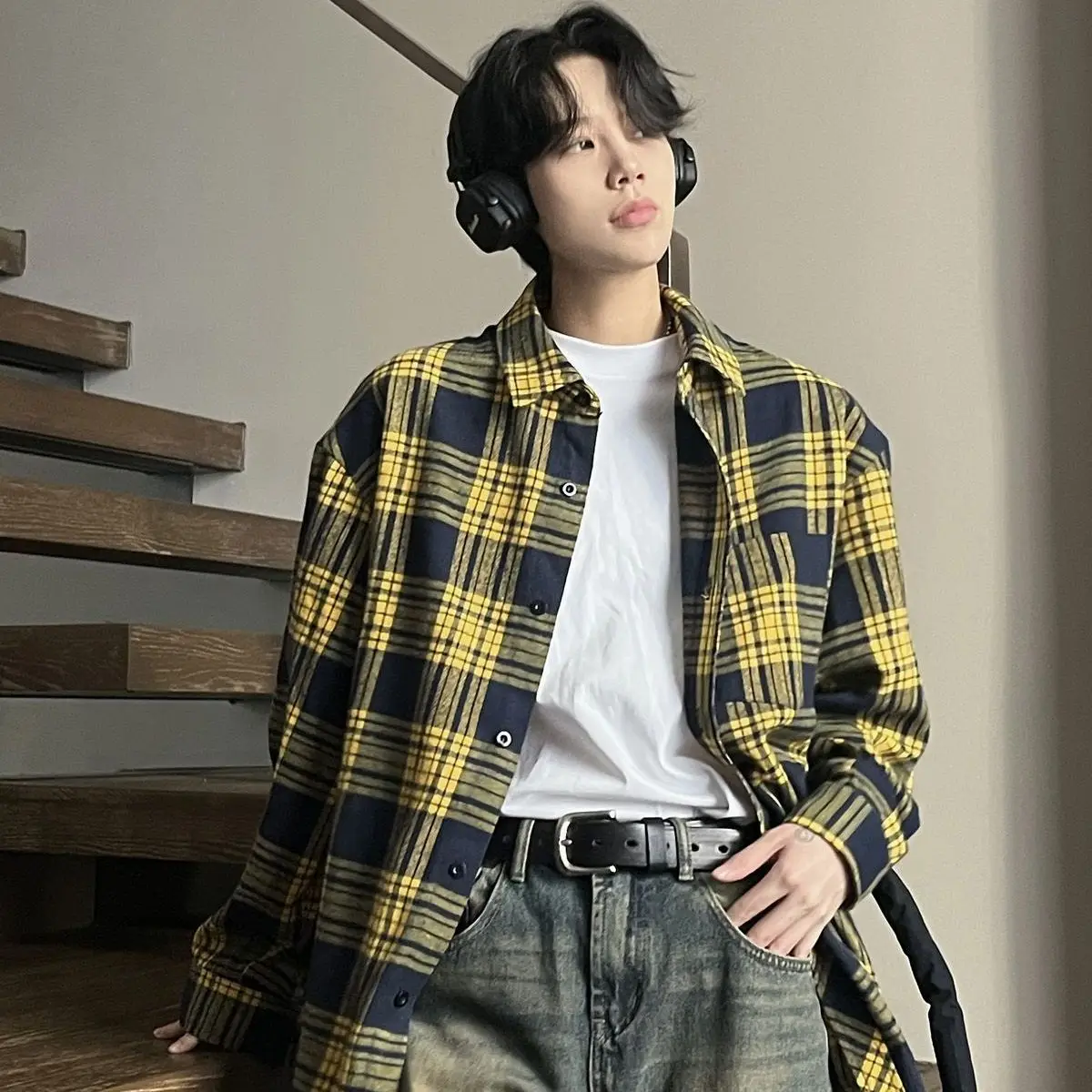 대형 사이즈 남성용 체크무늬 긴 소매 가을 겨울 빈티지 한국 스타일 패션 아우터웨어 통기성 면 폴리에스터