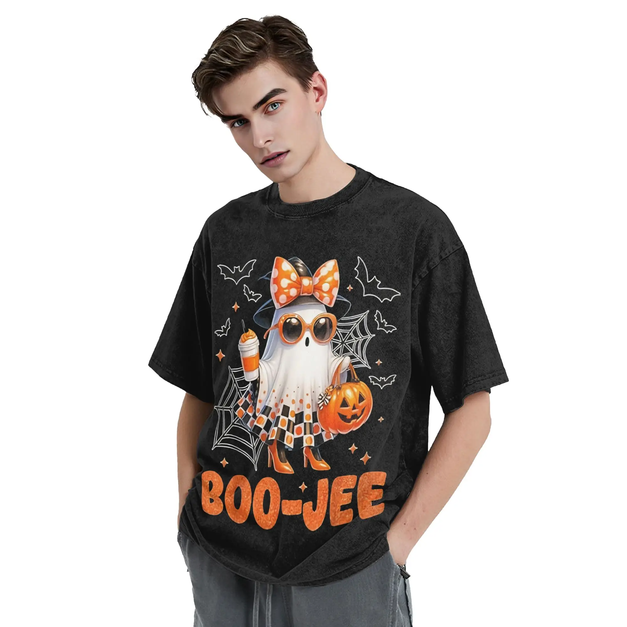 Halloween Boo Cute Ghost Washed T Shirt Streetwear Hip Hop Vintage T-Shirts Tee Shirt for Men Women Short Sleeve Harajuku Summer