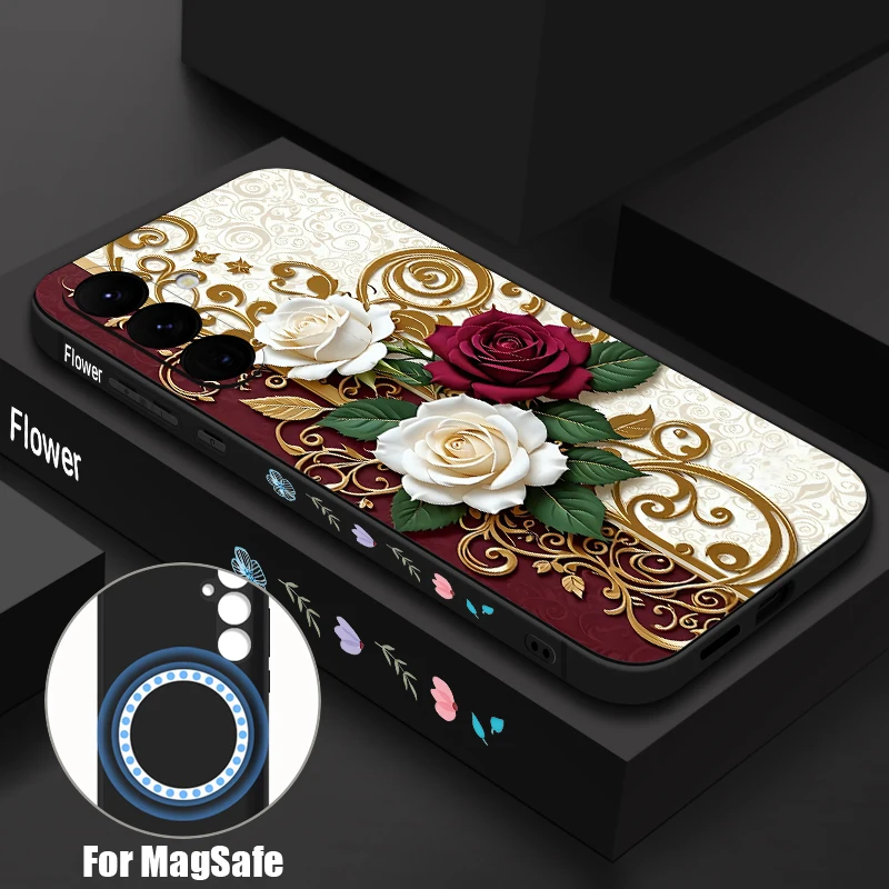 Rose Flowers Pattern Magnetic Phone Case For Samsung Galaxy S26 S25 S24 Ultra S23 S22 Plus S25 S24 S23 FE Lanyard Soft TPU cover