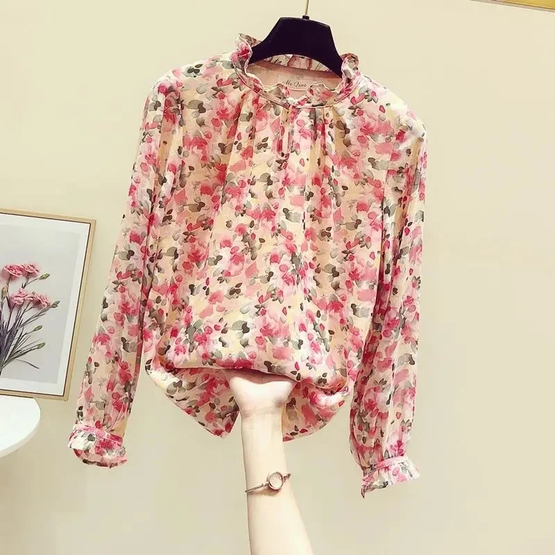 Pink Floral Printing Chiffon Elegant Chic Pullover Loose Long Sleeve Women\'s Blouse Shirt Female Clothing Tops 2024 Fashion