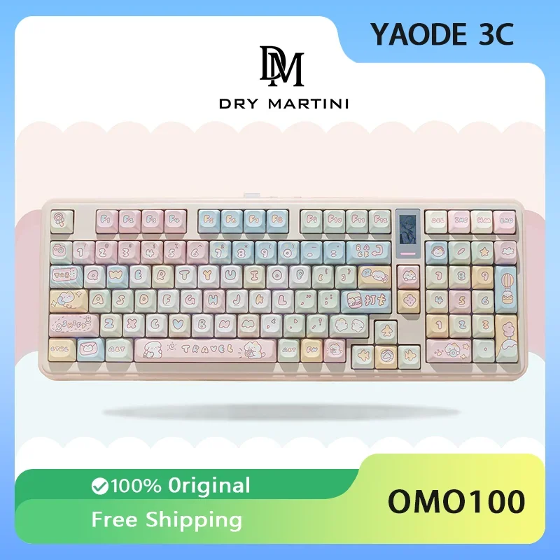 teclado mecanico tri mode bluetooth rgb junta hot swappable tela de exibicao personalizado desenhos animados bonitos omo100 wireless 01