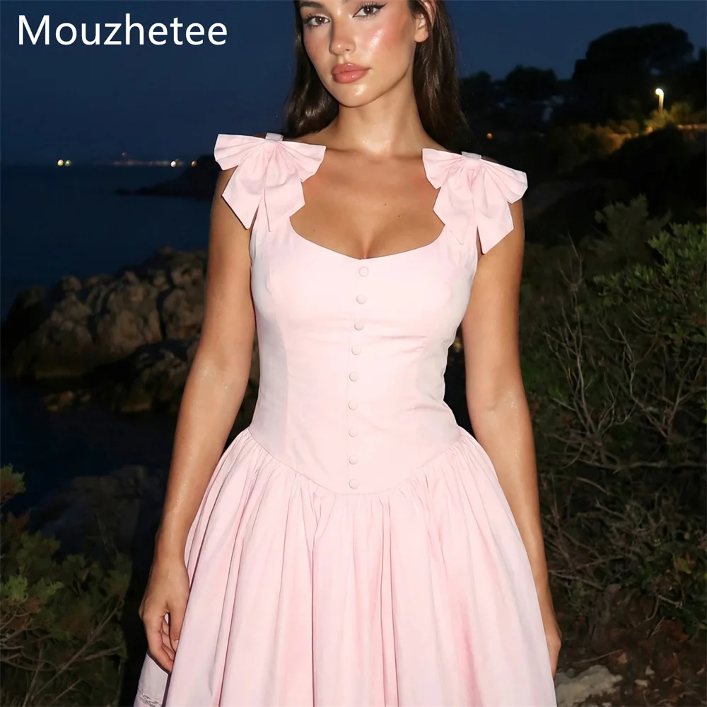 

Mouzhetee Simple A-Line Bow Pink Pleat Evening Dresses Formal Party Gowns for Women Elegant Mini Prom Gown Customized 2026