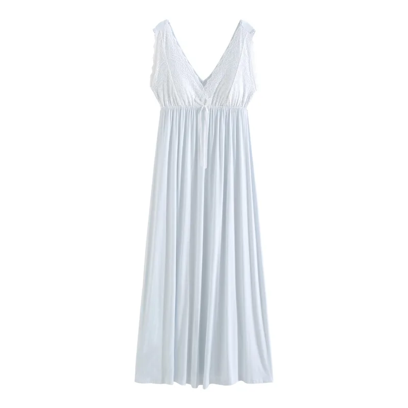 Women Sexy V-Neck Soft Viscose Long Nightdress Summer Sleeveless Ankle-Length Nightgowns Princess Lace Modal Cotton Nightie New