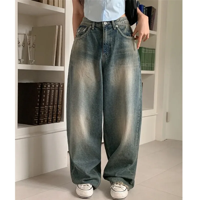 Cintura alta perna larga casual chique americano retro jeans feminino até o chão solto emagrecimento calças compridas corte reto sem estiramento