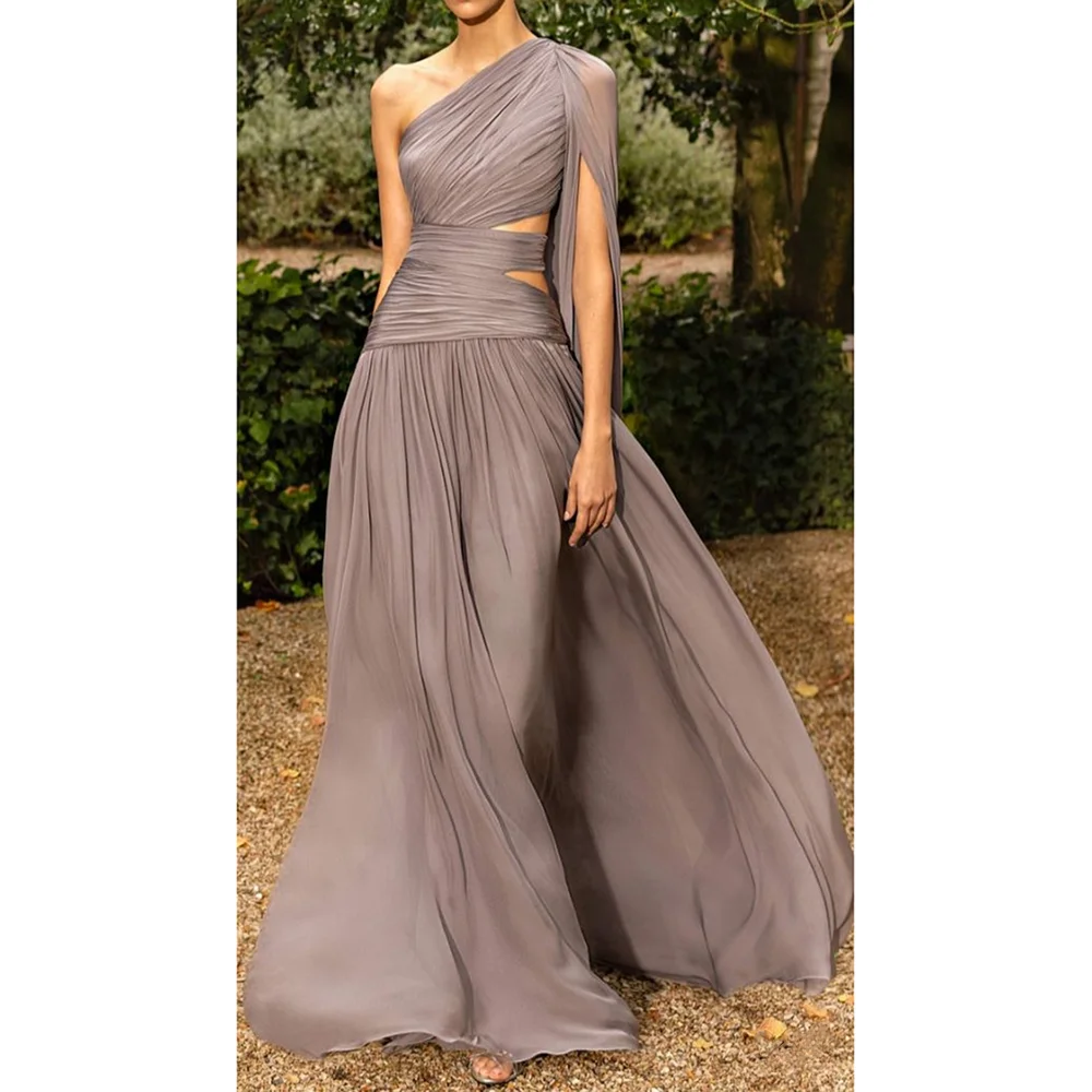 

One Shoulder Cut Out Tulle Illusion Evening Gown For Women A Line Floor Length Simple Solid Color Prom Party Dress