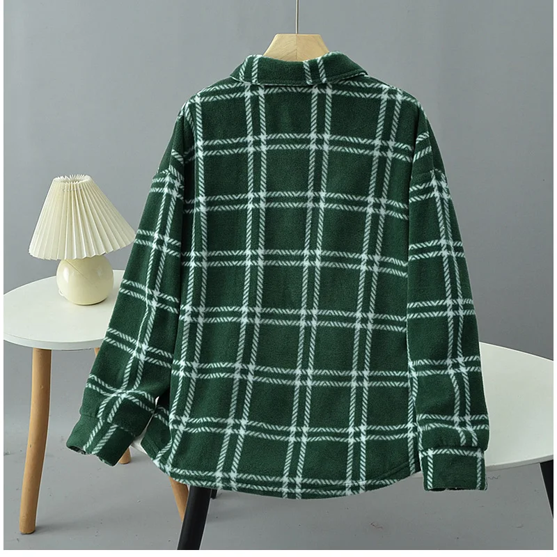 Classic Plaid Collar Fce Jaet Women's Loose Casual Velvet Surface All-Match Jaet irt Single Large Size Ladies' irt