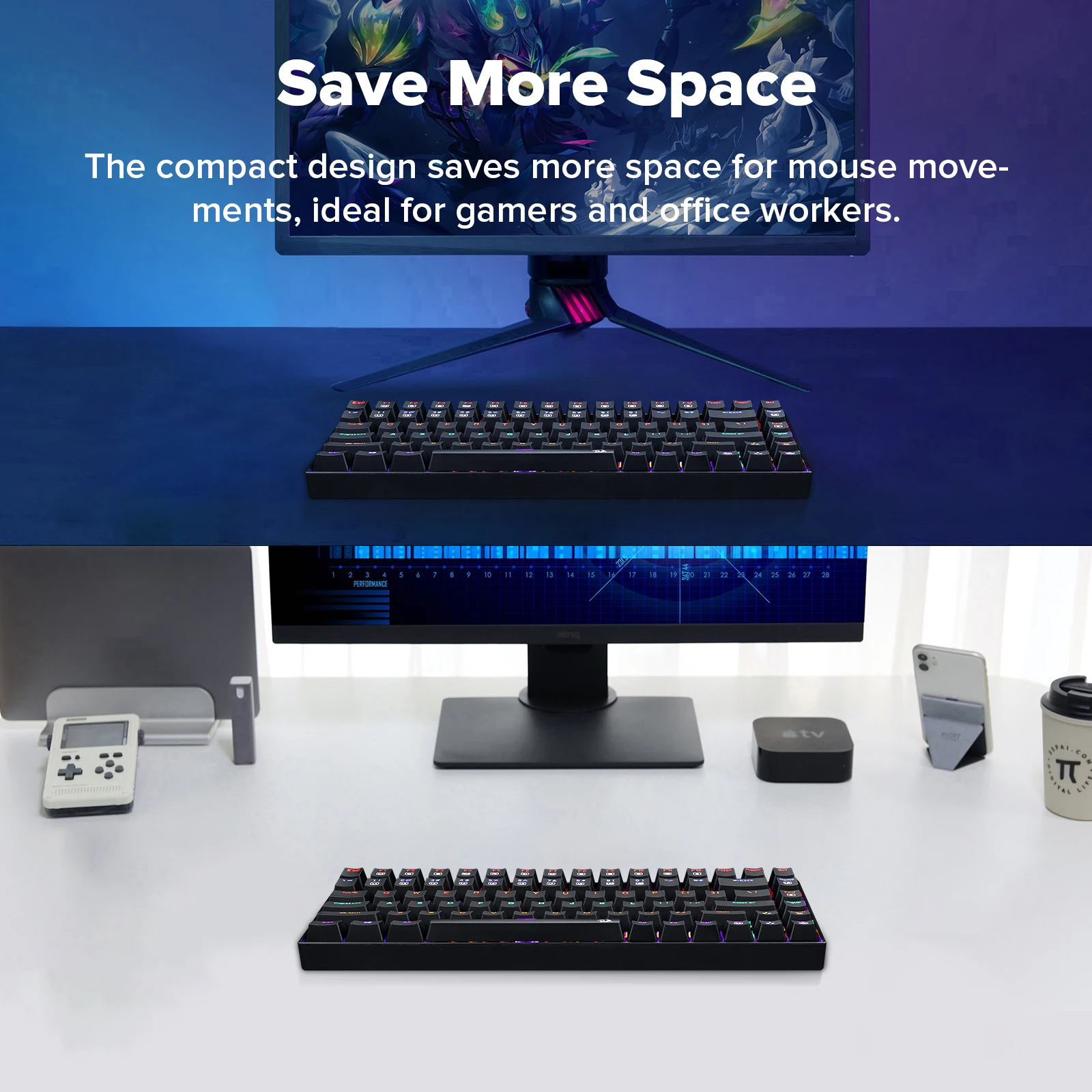 Redragon K629-KB USB 기계식 게임 키보드 75% 무지개 LED 백라이트, 84 키 레드/블루 스위치 컴퓨터 PC 플레이어