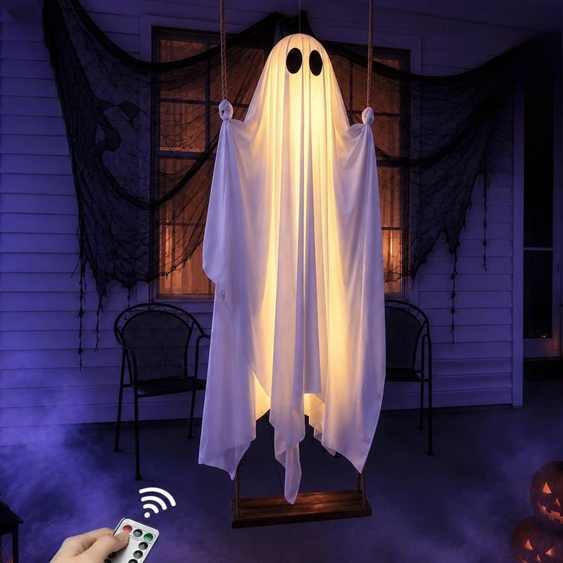 Large Halloween glow ghost swing DIY ornament, hanging white ghost decor for outdoor porch display
