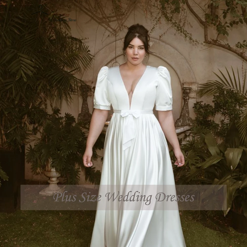 Elegant Ivory Satin Wedding Dresses Plus Size V Neck Half Sleeves Bride Gowns Bow Floor Length A-Line Vestidos De Novia 2024